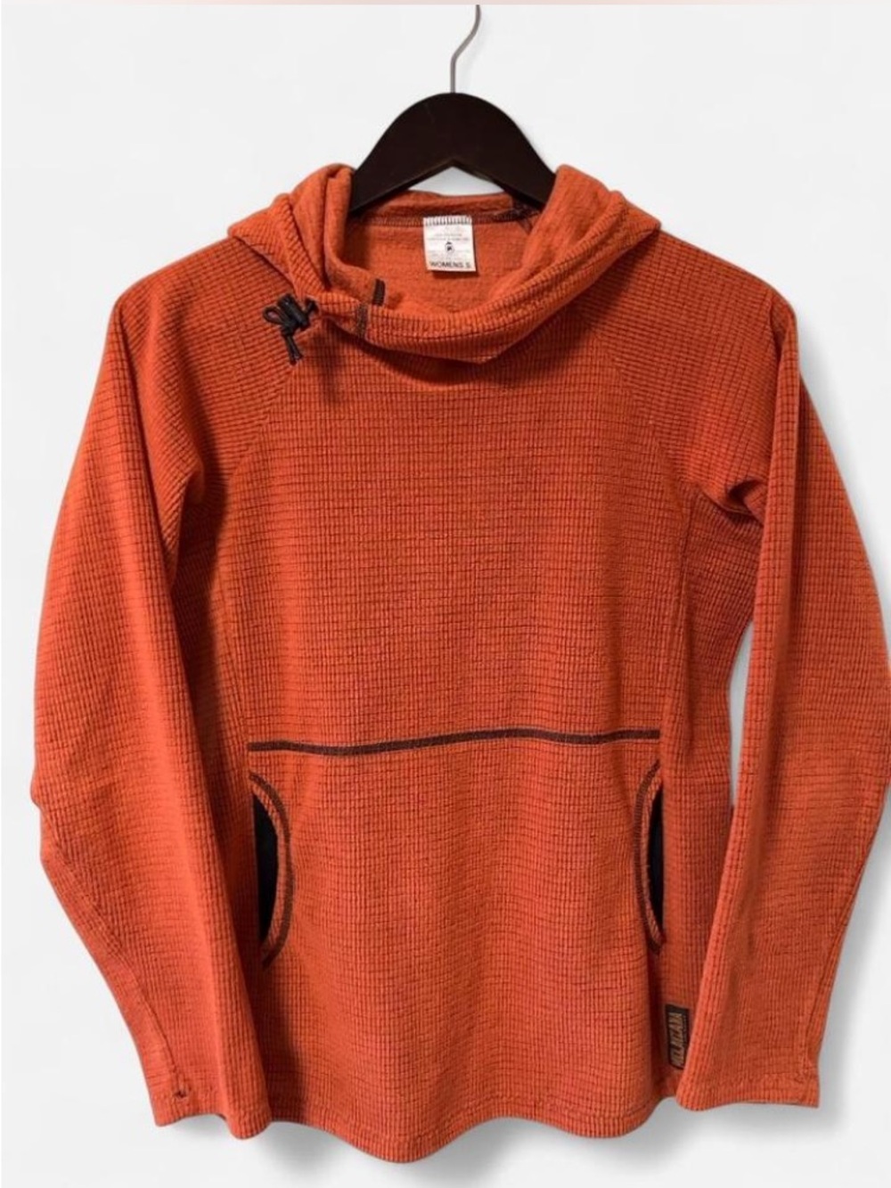 Melanzana Women’s Orange Micro Grid Hooded Sweater with pouch and cinch Size  S
